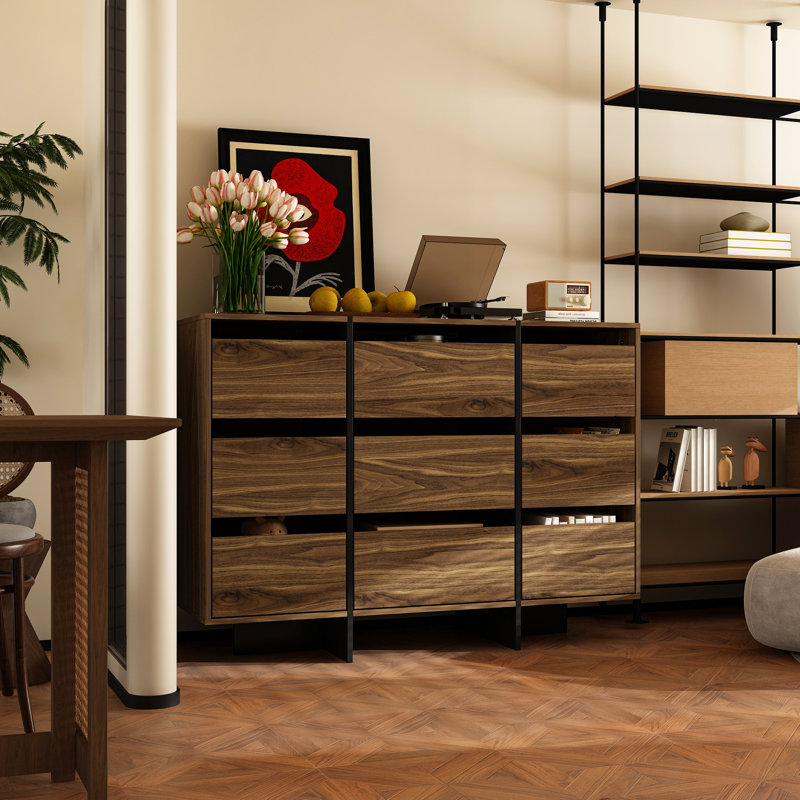 Modern 9 Drawer Storage Cabinet Industrial Style Wooden Dresser Multi Purpose Organizer For Bedroom Living Room Or Office Natural Wood Grain